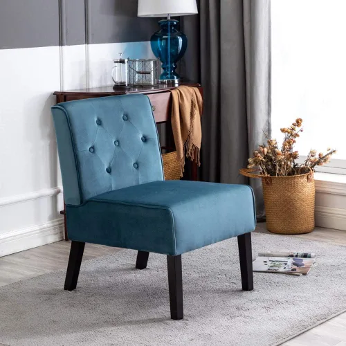 Vista 5 de Container Furniture Direct Reese - Silla moderna de mediados de siglo para sala de estar, sin brazos, con botones y patas de madera maciza, 2 azul
