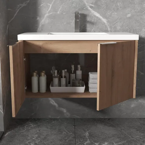 Vista 4 de Tocador de baño montado en la pared de 36 pulgadas con fregadero de resina, tocador flotante con puertas de cierre suave, gabinete de baño