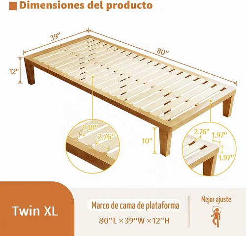 Vista 2 de IOTXY - Marco de cama de plataforma individual XL, base de colchón de madera maciza de 12 pulgadas
