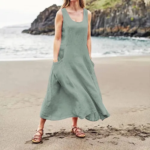 Vista 4 de Vestido largo para mujer, 2023, primavera, verano, algodón, lino, bohemio, casual, a la moda, sin mangas, para vacaciones