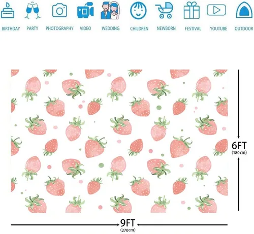 Vista 3 de Ticuenicoa Fondo de fotos de fresa de 9 x 6 pies, color rosa, acuarela, baby shower, decoración de fiesta de cumpleaños, suministros para niñas