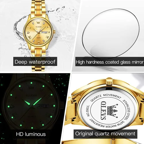 Vista 5 de OLEVS Reloj de pulsera para mujer clásico elegante con diamantes dorados de acero inoxidable impermeable para día