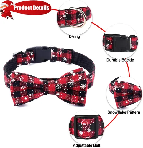 Vista 4 de Malier Paquete de 2 collares de perro con pajarita, collar clásico de Navidad con copo de nieve y hebilla ajustable ligera, adecuado para perros
