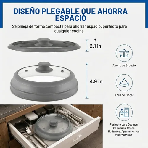 Vista 3 de Cubierta de salpicaduras de microondas para alimentos, cubierta de microondas de vidrio de 10.5 pulgadas con borde de silicona plegable, cubierta