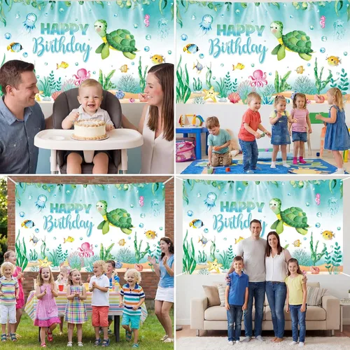 Vista 7 de Preboun Pancarta de fondo de cumpleaños de tortuga oceánica, decoración de fondo de fotos de animales marinos del océano para fiesta de cumpleaños