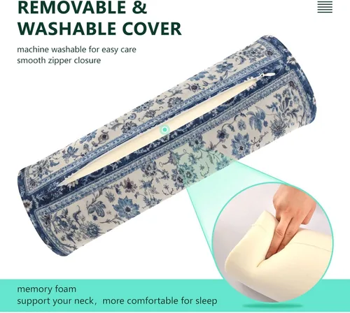 Vista 4 de Kigai Blue White Print Cervical Pillow for Neck Pain Relief Neck Roll Memory Foam Bolster Pillow for Legs Bed Head Back Sleeping Support