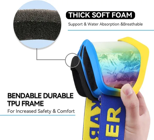 Vista 4 de Karsaer - Gafas de esquí antivaho, gafas de nieve OTG, 100% protección UV, gafas de snowboard con lentes dobles flexibles para hombres, mujeres