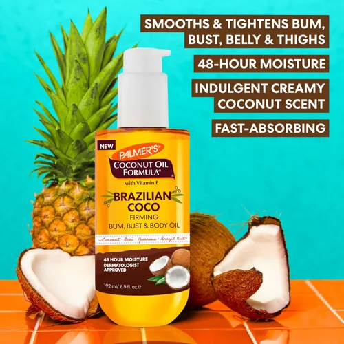Vista 4 de Palmer's Fórmula de Aceite de Coco Brasileño Coco Aceite Corporal Reafirmante con Vitamina E, 6.5 onzas líquidas, ayuda a tensar y reafirmar la piel