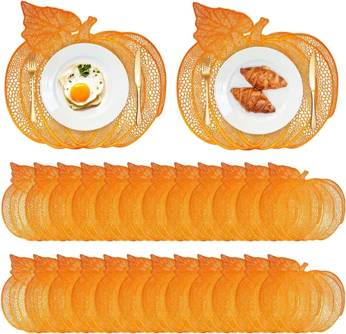 Vista 7 de Sliner Paquete de 12 manteles individuales de calabaza de Acción de Gracias de 17 x 16 pulgadas, de vinilo metálico prensado para otoño, decoración
