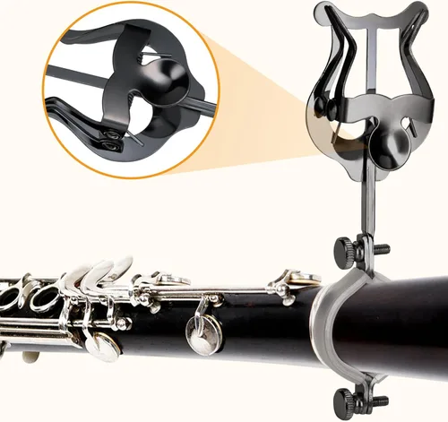 Vista 5 de Lira de clarinete, paquete de 2 soportes de lira de clarinete negros para banda de marcha, clip de partitura de clarinete y oboe de 6.02 pulgadas