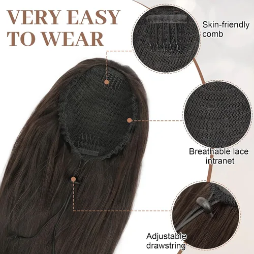Vista 4 de KooKaStyle Extensiones de cola de caballo, 16 pulgadas, color marrón oscuro, largo, ondulado, con clip, extensiones de cabello sintético en capas
