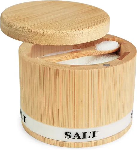 Vista 10 de ThougrLyh Bodega de sal, recipiente de sal de madera de acacia con tapa y cuchara, etiqueta de caja de sal grabada desmontable y cierre magnético