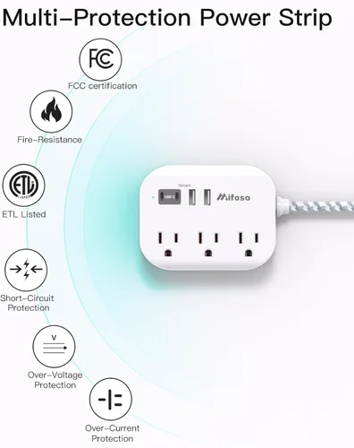 Vista 6 de Regleta de alimentación de enchufe plano con puertos USB - Cable de extensión de 10 pies con 3 salidas y 3 puertos de carga USB, montaje en pared