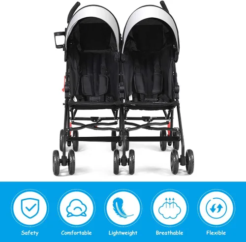 Vista 4 de HOMGX - Cochecito doble, diseño plegable de viaje, ligero, con arnés de 5 puntos y soporte para tazas, toldo para bebé, niños pequeños (negro), 18