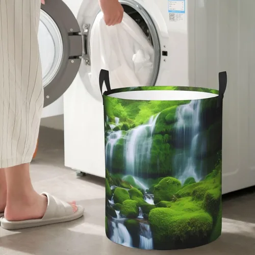 Vista 7 de Waterfall Green print Circular Hamper Waterproof Storage Bin Organizer Basket Laundry Hamper With Handles For Clothes Toys Small