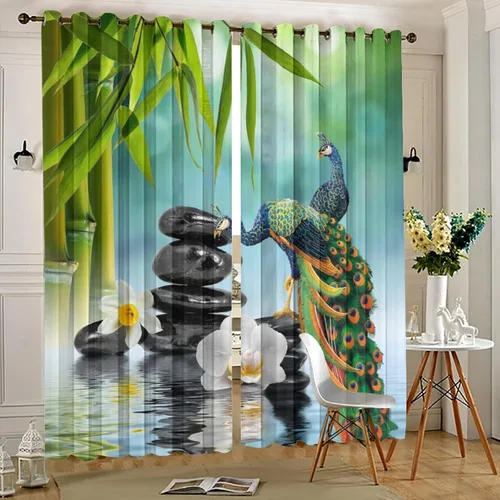 Vista 5 de Cortinas opacas de estilo japonés para dormitorio, hermoso pavo real, spa, verde, bambú, piedra negra, con ojales, aislamiento térmico, para Jardín