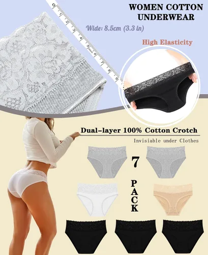 Vista 3 de Knowyou Ropa interior de algodón para mujer, bikini de cintura de encaje, transpirable, hipster, paquete de 7