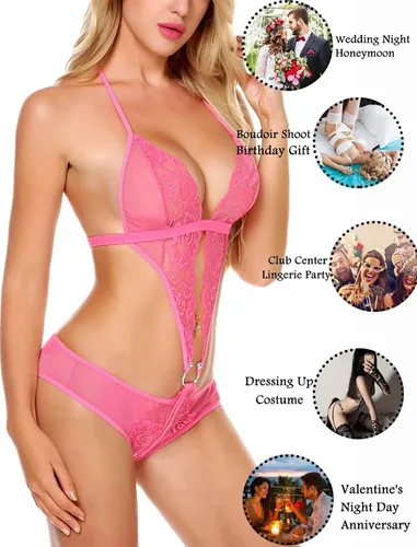 Vista 5 de Avidlove Lencería de encaje en V profundo para mujer, babydoll de una pieza