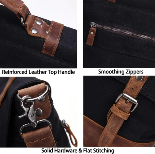 Vista 6 de Bolsa de mensajero para portátil de 15.6 pulgadas para hombres, lona encerada, vintage, de cuero, maletín de negocios, bolsas de hombro impermeables