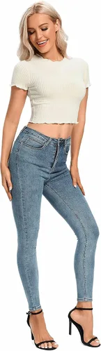 Vista 6 de LYANER Camiseta de manga corta para mujer, con ribete de lechuga, de punto acanalado, ajustada