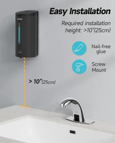 Vista 3 de AIKE Dispensador automático de jabón espumoso de 25 oz para baño, Matteblack AK1205FA Rich Foam and Stainless Steel,No-drill and Screw Wall