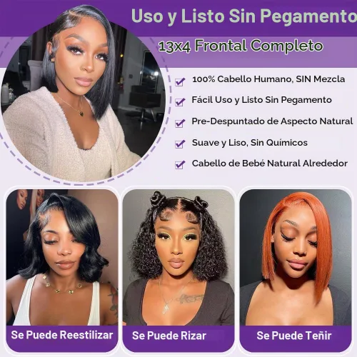 Vista 5 de Peluca Bob de pelo humano 13x4 encaje frontal HD estilo Bob corta y recta con parte lateral para mujeres negras, pelo humano prearrancado, sin De