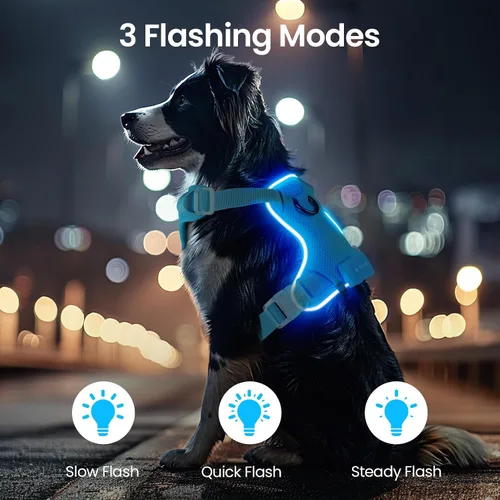 Vista 7 de Arnés para perro con luz LED recargable - Chaleco reflectante para mascotas para caminar por la noche - Arnés de seguridad ajustable sin tirones