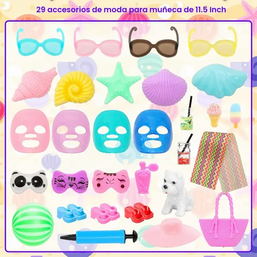 Vista 7 de Juego de 40 accesorios de muñeca de baño y piscina de verano para muñecas