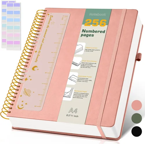 Vista 13 de Cuaderno de espiral A4 de 8.5 x 11 pulgadas, 256 páginas numeradas, de tapa dura, de cuero, para mujeres y hombres, cuadernos grandes rayados