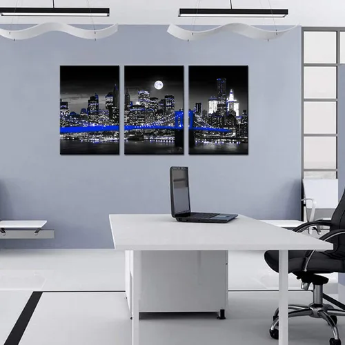 Vista 2 de Biuteawal Lienzo de ciudad negro y azul con impresión de paisaje urbano de Nueva York, puente de Brooklyn en la noche de la luna, pintura