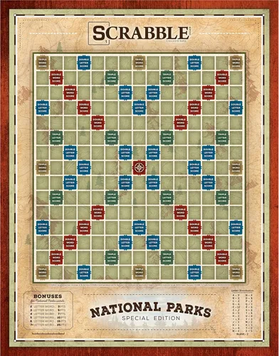 Vista 3 de USAOPOLY Scrabble: Parques Nacionales A partir de 8 años 2-4 jugadores 1 juego, marrón equipo de juego de césped