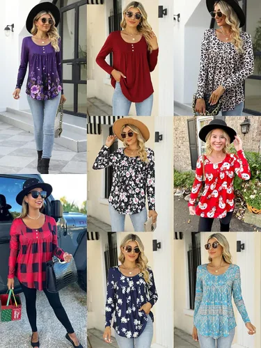 Vista 4 de Blusa casual de manga larga para mujer, ajuste holgado, plisada, con estampado floral de otoño
