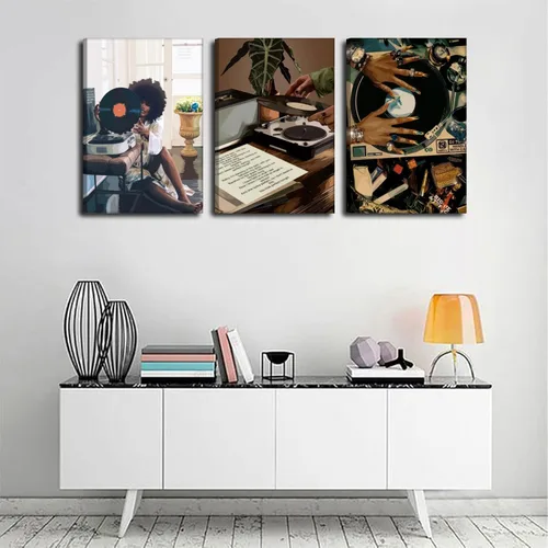 Vista 2 de Lienzo enmarcado de niña negra, 3 unidades, diseño de niña negra, música de discos, decoración de pared, cuadros de niña negra funky, pósteres