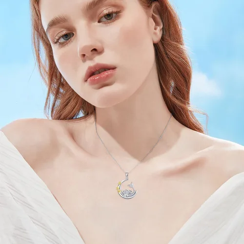 Vista 2 de LWXIE Diamond Moon Necklace for Women 925 Sterling Silver Black CatPandaSquirrelMermaidAxolotl Moon Graduation Friendship Necklace Talisman Diamond