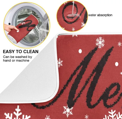 Vista 2 de Tapete de secado de platos rojo de Feliz Navidad para cocina, tapete de secado de microfibra blanca con copos de nieve, absorbente y reversible
