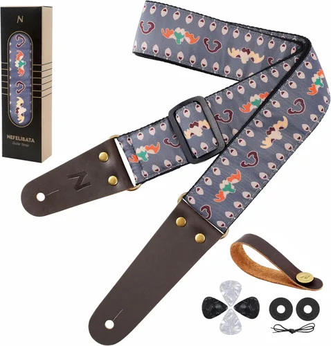 Vista 11 de Nefelibata Correa de guitarra, correas de guitarra de algodón bordadas con extremos de cuero de vaca para bajo, guitarras eléctricas y acústicas