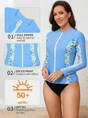 Vista 4 de ATTRACO Rashguard o Camiseta de surf para mujer con cremallera frontal, protección solar UPF 50+