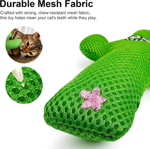 Vista 3 de TTcat Almohada grande de juguete de cactus Silvervine para gatos, juguete masticable de malla duradera para gatos de interior, juguete interactivo