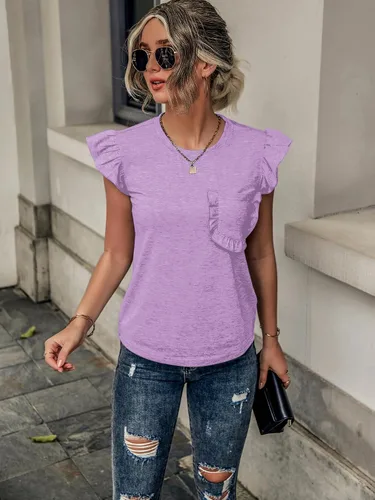 Vista 5 de Verdusa Camiseta de manga casquillo con ribete de volantes y bolsillo frontal para mujer