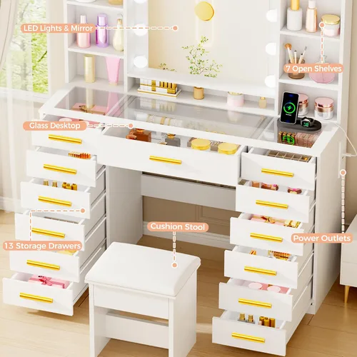 Vista 2 de ANWBROAD Escritorio de tocador con espejo y luces, juego de mesa de tocador de maquillaje blanco con parte superior de cristal, 13 cajones, 7
