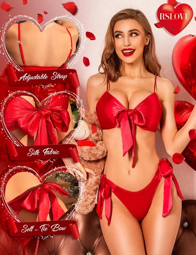 Vista 3 de RSLOVE Conjunto de lencería sexy para mujer, conjunto de sujetador y bragas de satén de 2 piezas