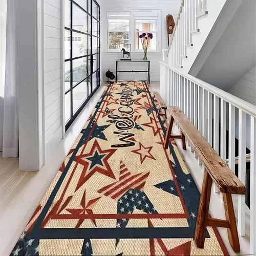 Vista 2 de Alfombra vintage con bandera estadounidense, 1.3 x 7 pies, diseño de estrellas y bandera estadounidense del Día de la Independencia, alfombra
