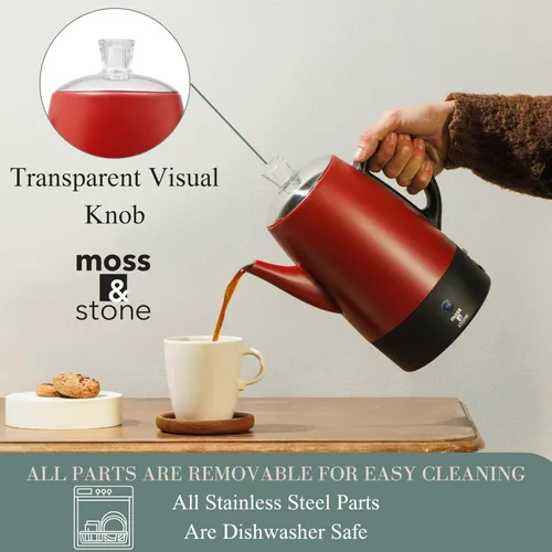 Vista 6 de Moss & Stone Percoladora de café eléctrica, cuerpo rojo con tapa de acero inoxidable, cafetera eléctrica percoladora, cafetera roja para campamento