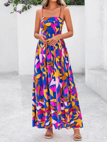 Vista 3 de PRETTYGARDEN Vestido largo de verano para mujer, con tirantes delgados, bohemio, floral, a rayas, para invitadas de boda, playa, vacaciones, vestido