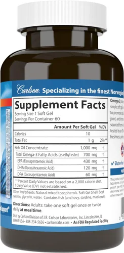 Vista 2 de Omega-3, 700 mg de omega-3, EPA, DHA, DPA, económico, capturado en la naturaleza, de origen sostenible, 60 geles blandos