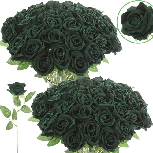 Vista 30 de 12 rosas artificiales de terciopelo sintético para decoración del hogar y boda (rosa perla, negro)