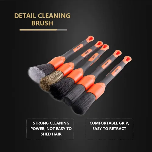Vista 2 de SPTA juego de cepillos para detalle de coche, pack de 5 cepillos suaves de pelo de jabalí con codo para limpieza automotriz elegante de superficies