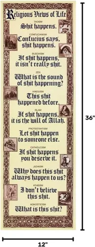 Vista 2 de Religious Views Of Life - Sht Happens, póster de humor de 12 x 36 pulgadas