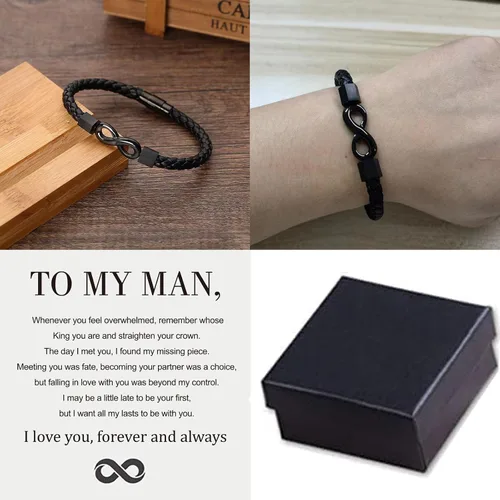 Vista 4 de Pulsera de cuero con texto en inglés "To My Man", regalo para marido de parte de WifeI Love You Forever and Always Pulseras para novio, aniversario