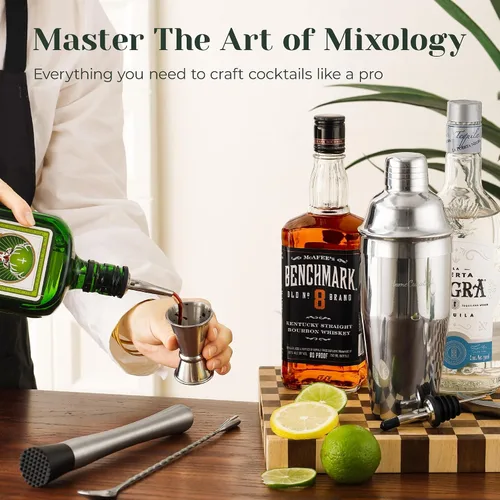 Vista 4 de Juego de coctelera, kit de camarero de bar de 24 piezas con soporte, coctelera de Martini, jigger, colador, cuchara mezcladora, muddler, vertedores